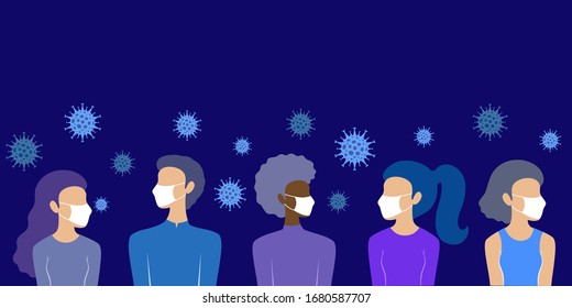 COVID-19, Coronavirus, 2019-nCoV, Bacteria, People wearing protective Medical Surgical mask on navy blue background, isolated, illustration vector