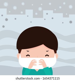 Covid-19 or Coronavirus 2019-nCoV disease prevention concept, kids in masks because of fine dust PM 2.5, boy and girl wearing mask against smog. Fine dust, vector illustration