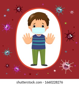 Covid-19 or Coronavirus 2019-nCoV disease prevention concept with a little boy. Kid wearing a face mask for protecting and showing stop hands gesture for stop coronavirus outbreak.