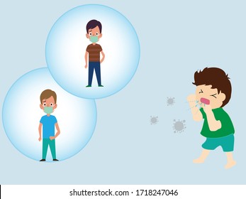 Covid-19 or Coronavirus 2019-nCoV Disease Prevention Concept with a cartoon wearing medical protective mask to prevent Wuhan virus. Vector design is smooth.