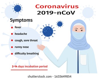 COVID-19. Coronavirus 2019-nCov symptoms concept banner. Wuhan virus outbreak. Dangerous novel coronavirus in China. Vector illustration of muslim doctor and symptoms of virus. Stock illustration.