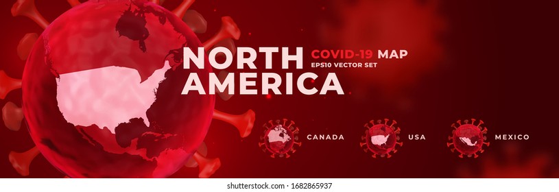 COVID-19 Coronavirus 3d cells banner with North American countries map set vector illustration template