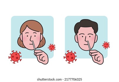 Covid19 coronavirus antigen self-test flat vector set. Young caucasian woman and man holding nasal cotton swab from covid self test home kit. Covid antigen rapid test at home.