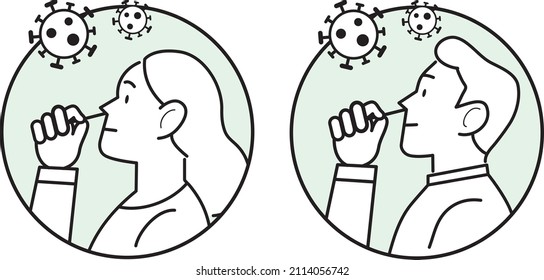 Covid19 coronavirus antigen self-test lien icon vector set. Woman and man holding nasal cotton swab from covid self test home kit. Covid antigen rapid test at home.