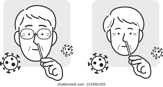 Covid19 Coronavirus-Antigen-Selbsttestlinie Symbol oder Piktogramm-Vektorset. Alte Frau und alter Mann, die nasale Baumwollwaschmittel aus covid Selbst-Test-Heimkit hält. Covid-Antigen-Schnelltest zu Hause. .