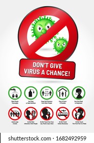 Afiche o prospecto de sensibilización sobre el coronavirus COVID-19: No dé una oportunidad a los virus: conjunto de medidas de seguridad y señales de advertencia de precauciones. Qué Hacer Con Las Infografías. Con personajes de virus de dibujos animados