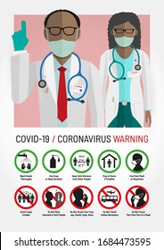 COVID-19 Coronavirus Awareness Warning Poster or Leaflet with Vector Cartoon Flat Style Illustrated Characters of Male and Female African American Doctors or Physicians and Set of Safety Measures Sign