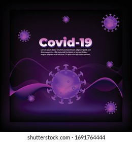 COVID-19 coronavirus banner, 3d illustration. COVID disease theme on purple and black background. Poster with COVID19 coronavirus pandemic and warning concept.