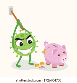 Covid-19 coronavirus breaking a piggy bank with a hammer. Economic impact by covid-19. Broken piggy bank by coronavirus concept. Economic crisis created by covid 19 coronavirus.