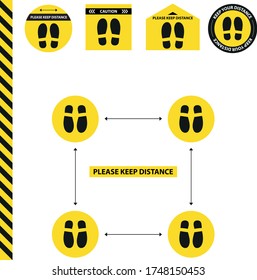 COVID-19 Coronavirus pegatinas de suelo de advertencia.Colección de distanciamiento social para impresión. Por Favor, Mantenga Su Distancia. signo de la huella, vector de señalización, elevación, elevador, adhesivo de distancia