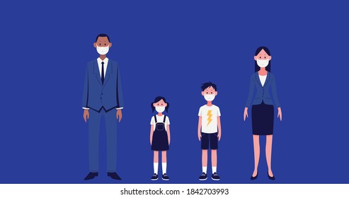 Covid19 Coronavirus character set of man, woman boy and girl wearing face masks against blue background. Set of 4 character icons. 