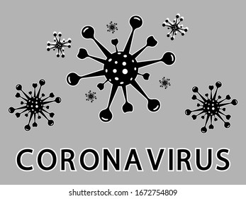 COVID-19. Coronavirus from China. Coronavirus bacteria cell icon. 2019-nCoV.  Cell of virus in black color and in flat style. Vector illustration isolated on grey background