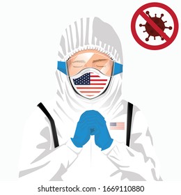 Covid-19 or Coronavirus concept. American medical staff wearing mask in protective clothing and praying for against Covid-19 virus outbreak in United States. American man and USA flag. Epidemic corona