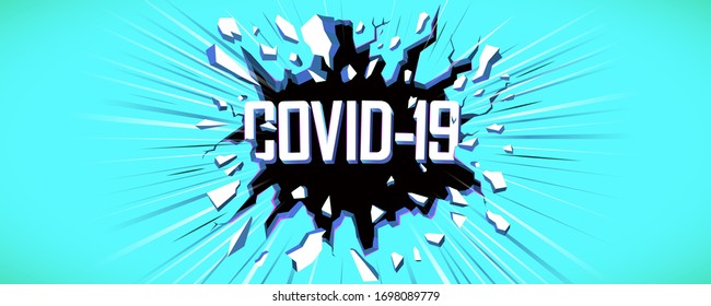 COVID-19 Coronavirus concept banner. Black crack in the blue wall and dynamic line. Web banner, Flyer, background, poster for News about virus. Dinamic background.