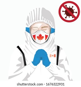 Covid-19 or Coronavirus concept. Canadian medical staff wearing mask in protective clothing and praying for against Covid-19 virus outbreak in Canada. Canadian man and Canada flag. Epidemic corona