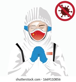 Covid-19 or Coronavirus concept. Chinese medical staff wearing mask in protective clothing and praying for against Covid-19 virus outbreak in China. Chinese man and China flag. Epidemic corona virus