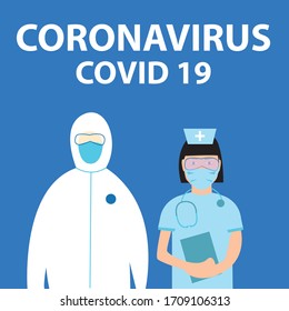 Covid-19 Coronavirus concept. Doctor and typography design. World Health organization WHO. Dangerous virus vector illustration. Healthcare, pandemic concept. 