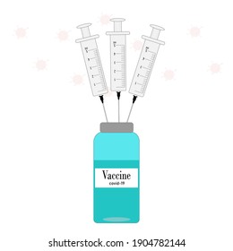 Covid-19 Coronavirus concept. Flat icon three syringes in a vial with a vaccine. Isolated on a white background. Copy space. Place for text. Banner format. Background.
