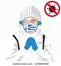 Covid-19 or Coronavirus concept. Greek medical staff wearing mask in protective clothing and praying for against Covid-19 virus outbreak in Greece. Greek man and Greece flag. Epidemic corona virus