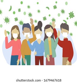 Covid-19 Coronavirus concept - Group of men and women wearing medical masks and hands up at the same time to show that they are infected with the virus. Dangerous virus. vector illustration.