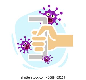 Covid-19, Coronavirus Concept. Hand Open Dirty Door Handle With Virus. Vector Illustration