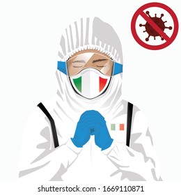 Covid-19 or Coronavirus concept. Italian medical staff wearing mask in protective clothing and praying for against Covid-19 virus outbreak in Italy. Itlian man and Italy flag. Epidemic corona virus