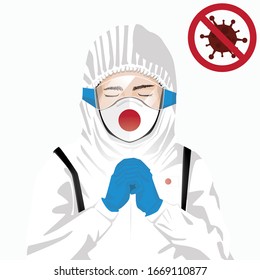 Covid-19 or Coronavirus concept. Japanese medical staff wearing mask in protective clothing and praying for against Covid-19 virus outbreak in Japan. Japanese man and Japan flag. Epidemic corona virus