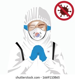 Covid-19 oder Coronavirus Konzept. Koreanisches medizinisches Personal, das Maske in Schutzkleidung trägt und für den Ausbruch des Covid-19-Virus in Korea betet. Koreanischer Mann und koreanische Flagge. Epidemic-Corona-Virus