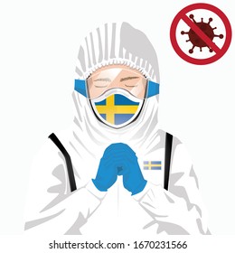 Covid-19 or Coronavirus concept. Swedish medical staff wearing mask in protective clothing and praying for against Covid-19 virus outbreak in Sweden. Swedish man and Sweden flag. Epidemic corona virus