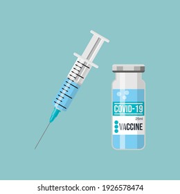 Covid-19 Coronavirus concept. Syringe for injection and vaccine bottles. isolated icon. flat vector illustration