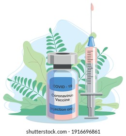 Covid-19 Coronavirus concept. vaccine vial and syringe. pandemic covid-19 outbreak. isolated icon. flat illustration