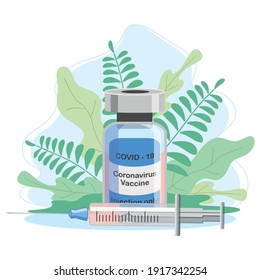 Covid-19 Coronavirus concept. vaccine vial and syringe. pandemic covid-19 outbreak. isolated icon. flat illustration