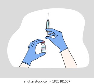 Covid-19 Coronavirus concept. vaccine vial and syringe. Hand drawn in thin line style, vector illustrations. 