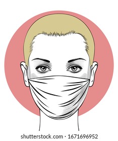 COVID-19 coronavirus. Corona virus quarantine. Portrait of a beautiful woman in a medical mask. People defend virus. Vintage engraving stylized drawing. Vector illustration.