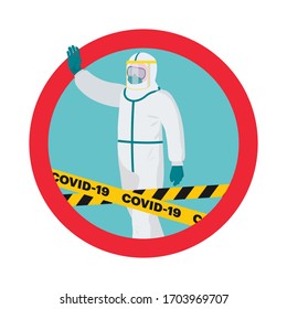 Peligro del coronavirus COVID-19, un trabajador con equipo protector advierte de la amenaza de infección con el agente causal del virus COVID-19