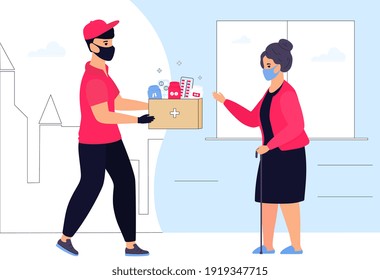 COVID-19. Coronavirus. A delivery man in a protective medical mask delivers medications to an old woman. Quarantine. Self isolation