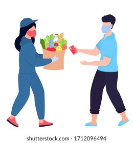 COVID-19. Coronavirus. A delivery woman in a protective medical mask brought the parcel . A quarantined man in an apartment picks up a cardboard box from a courier. Order food. Self isolation.