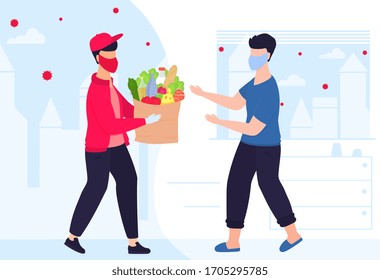COVID-19. Coronavirus. A deliveryman in a protective medical mask brought the parcel with food. A man meets a courier. Safe delivery. Quarantine. Self isolation