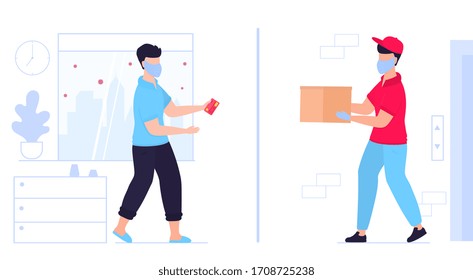 COVID-19. Coronavirus. A deliveryman in a protective medical mask brought the parcel to the door. Man waiting for a courier. Order food. Safe delivery. Quarantine. Self isolation