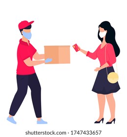 COVID-19. Coronavirus. A deliveryman in a protective medical mask brought the parcel. Woman waiting for a courier. Order food. Safe delivery. Quarantine. Self isolation.