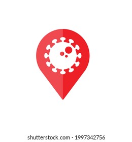 COVID-19 coronavirus detected, simple flat vector logo. Corona GPS location icon illustration. Silhouette of pin finder or virus map marker, isolated on a white background.