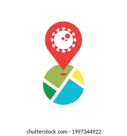 COVID-19 coronavirus detected, simple flat vector logo. Illustration of red color corona GPS location icon with regional zone symbol. Graphics of pin finder or virus map marker. EPS 10.