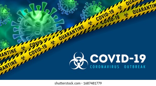 Covid-19. Coronavirus disease outbreak. Banner design with volumetric virus cells behind of danger tape on classic blue background. 2019-nCoV quarantine warning concept. Vector illustration.
