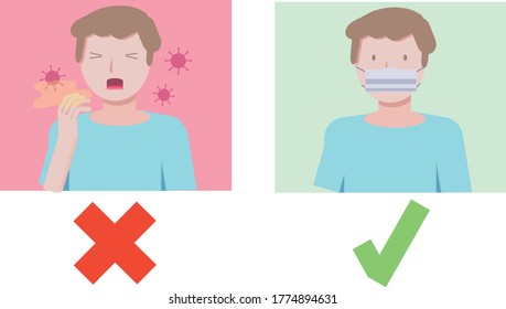 COVID-19 / coronavirus disease prevention. a person cough and a person wearing a medical mask. The mask protects against viruses. cartoon vector illustration 