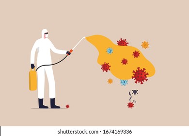 COVID-19 Coronavirus disinfect, clean and kill virus pathogen prevent outbreak spreading concept, worker with protective gear spray the cleaning sanitize chemical to disinfect COVID-19 virus pathogen