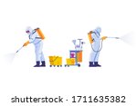 COVID-19 Coronavirus disinfect. Disinfecting workers wear protective masks and spacesuits against pandemic coronavirus or covid-19 sprays. Cartoon style vector illustration isolated background.