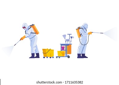 COVID-19 Coronavirus disinfect. Disinfecting workers wear protective masks and spacesuits against pandemic coronavirus or covid-19 sprays. Cartoon style vector illustration isolated background.