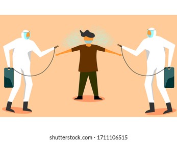 COVID-19 Coronavirus disinfect, worker with protective gear spray the cleaning sanitize for body
