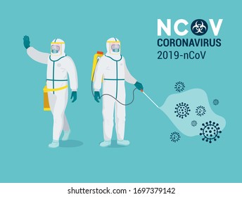 COVID-19 Coronavirus Disinfects, Set Of Worker In Protective Gear Warns Of The Threat And A Worker In A Protective Suit Sprays Cleaning Products Disinfects A Chemical To Disinfect The COVID - 19 Virus