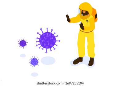 Covid-19 Coronavirus. Doctor in chemical protective clothing coverall and gas masks stop coronavirus. quarantine from pandemic covid-19 outbreak. isolated isometric vector illustration